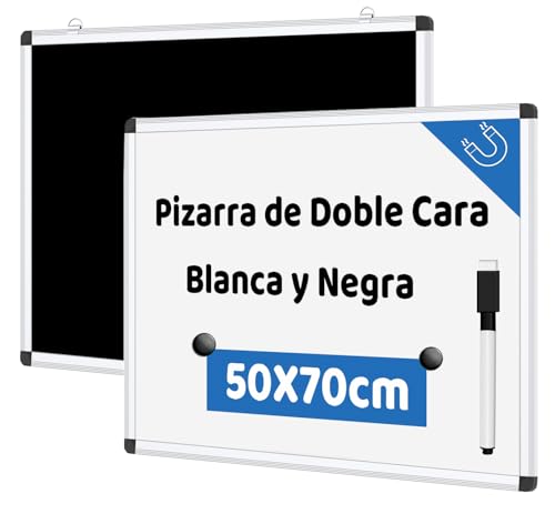 Pizarra Magnética de Doble Cara Blanca y Negra, Pizarra de Borrado en Seco con Marco de Aluminio - Incluye Rotulador con Goma y Imanes para Sujetar, Medida 50x70cm