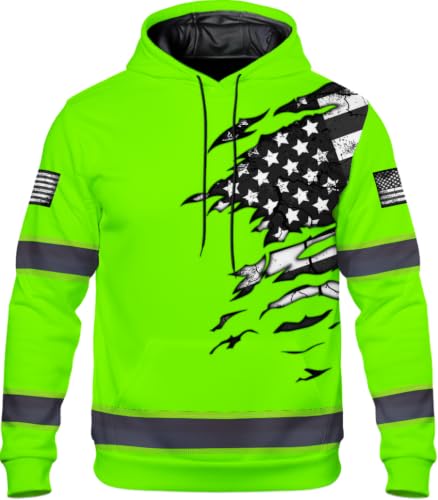 HiVis Custom Safety Hoodie Scratch Green Neon USA Flag Reflective High Visibility Hoodie for Men, Runners, Walkers, Truckers, Operators, Patriotic-2XL