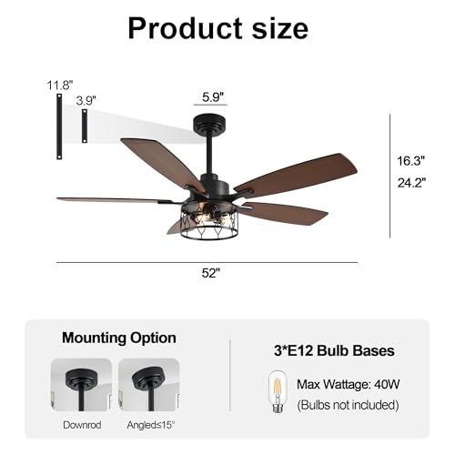 Image of 52 inch Farmhouse Ceiling Fan with Lights Remote Rustic Ceiling Fan | Caged Black Fandelier Industrial Chandelier Light for Bedroom Living Room, Reversible 6 Speeds, 3 E12 Bulbs (Not Included)