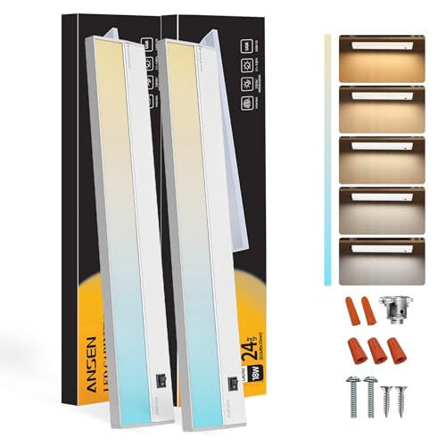 Ansen 2Packs of Under Cabinet Lighting Hardwired, 24in 18W 1237LM Dimmable Led Light for Kitchen/Closet, CRI 92+, R9 90+, 5 Color Temperature, 2700K-5000K(Warm White, Cool White, Daylight)