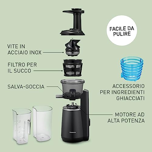 Panasonic Slow Juicer MJ-L501KXE, Estrattore Elettrico per Frutta e Verdura, 150 W, Acciaio Inox e Plastica, Design Elegante e Sottile, Accessorio per Ingredienti Surgelati, Nero - immagine 5