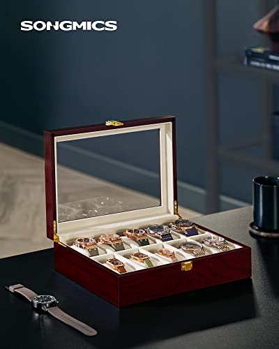 Songmics Watch Box, 10-Slot Watch Case With Large Glass Lid, Removable Watch Pillows, Velvet Lining, Watch Box Organizer, Gift For Loved Ones, Cherry Color Ujow10C #TOP1