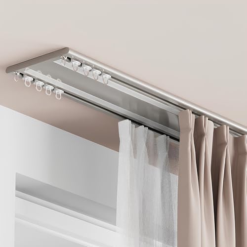 Ultra-Thin Double Conjoined Ceiling Track System for Curtains, Silent Aluminum Rods, Room Divider Rails for Living Room, Champagne Color, 250cm/2 * 125cm