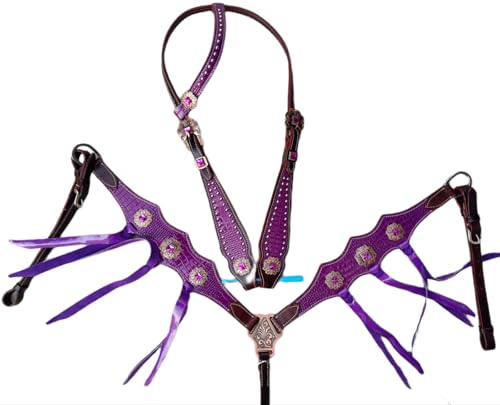 Premium Leather Horse Headstall Bridle & Breast Collar, Designer Adjustable
