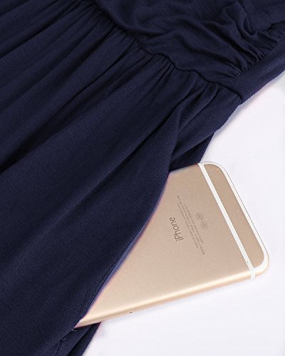 OUGES Womens Long Sleeve V-Neck Wrap Waist Maxi Dress(Navy,L)