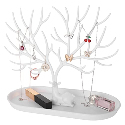 penobon Soportes para Joyas, 2 en 1 Soporte para Pendientes & Bandeja para Joyas de Plástico, Soporte de Exhibición ​de Pendientes, Collar, Pulseras y Anillos(Blanco)