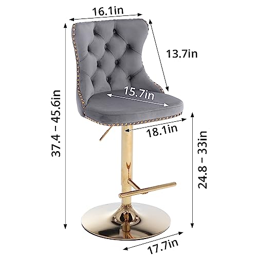 I-Pook Swivel Bar Stools Set Of 2, Adjustable Counter Height Barstools With Nailheads Trim, Button Tufted Back And Golden Footrest, Velvet Upholstered Bar Chairs For Home Bar Kitchen Island, Gray #TOP1