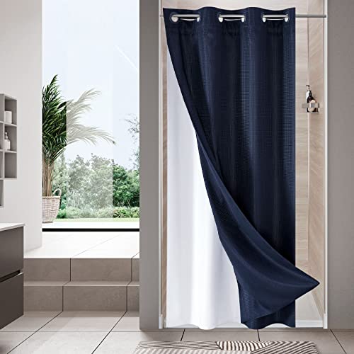 No Hook Weave Fabric Shower Curtain with Snap-in Liner Navy Blue,36x74