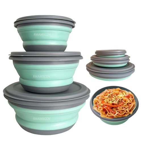 RMAMSCOV Collapsible Camping Bowl with Lid, 3 Pcs Silicone Salad Bowl Serving, Microwave Foldable Soup Ramen Serving for Travel, Picnic, Rv(Blue)