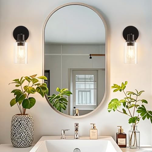 Image of DLLT Wall Sconces Set of Two: Modern Bathroom Vanity Light Fixtures - Matte Black Vanity Lights with Clear Glass Shade - Farmhouse Wall Lamp for Bedroom Living Room Mirror Hallway Kitchen