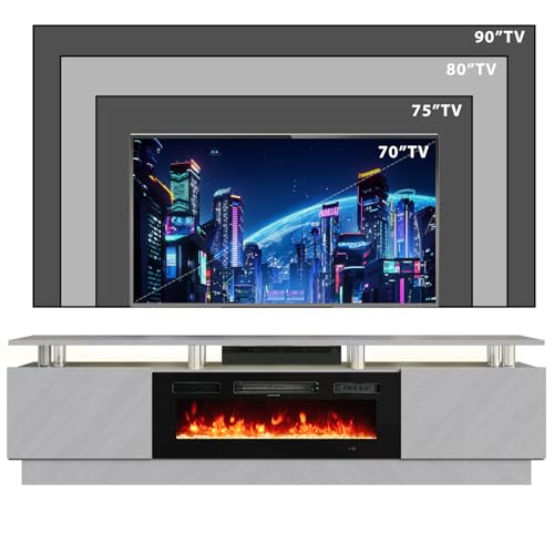 Fireplace TV Stand with 36” Electric Fireplace, 80” 2 Tier TV Console Stand for TVs Up to 90", LED Light Entertainment Center, Fireplace for The Living Room TV Stand, Gray