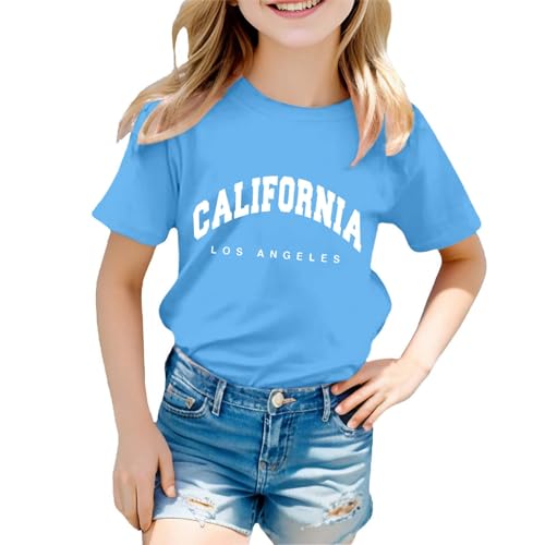 Image of T Shirts Kids Girls Letter Graphic Round Neck Short Sleeve Tshirts Teenage Girls Comfy Summer Cute Cartoon Casual Athletic Vacation Blouse T-Shirts Age 2-12 Years (Blue, 10-11 Years)