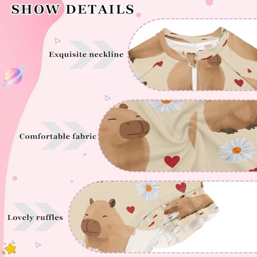 Capybara Love Daisy Flower Girls Long Sleeve Swimsuits One Piece Zipper Bathing Suit UPF 50+ Rashguard Swimwear4