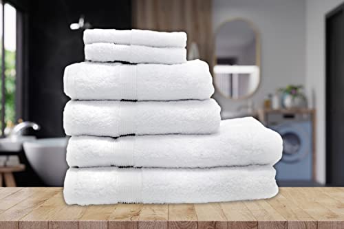 Egyptian Cotton - Sunny Sky Towels - Set Of 6 White Towels - 600 Gsm, 2 Bath Towels, 2 Hand Towels & 2 Wash Cloths #TOP4