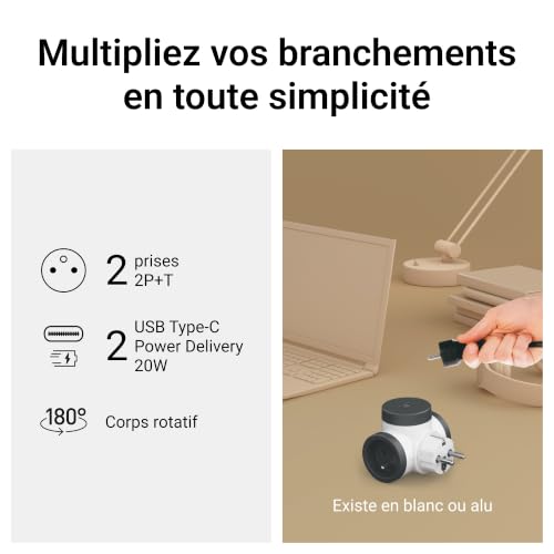 Multiprise 2 P + T Rotative Finition Satinée Saillie Et Et Ports Usb Type c - vue 6