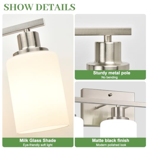 Image of MOKATNG 3-Light Bathroom Light Fixtures, Brushed Nickel Vanity Light with Milky White Shades, Bathroom Lighting Fixtures Over Mirror, Modern Bathroom Wall Lamp for Mirror Living Room Cabinet Bedroom