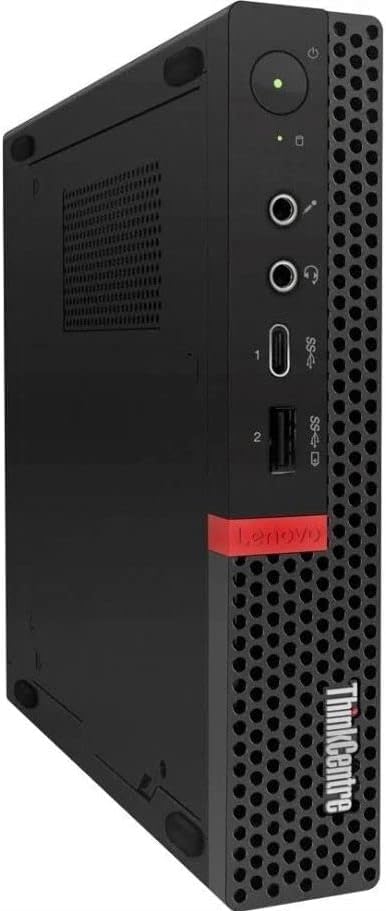 Front view of Lenovo ThinkCentre M720q Tiny Desktop with ports labeled