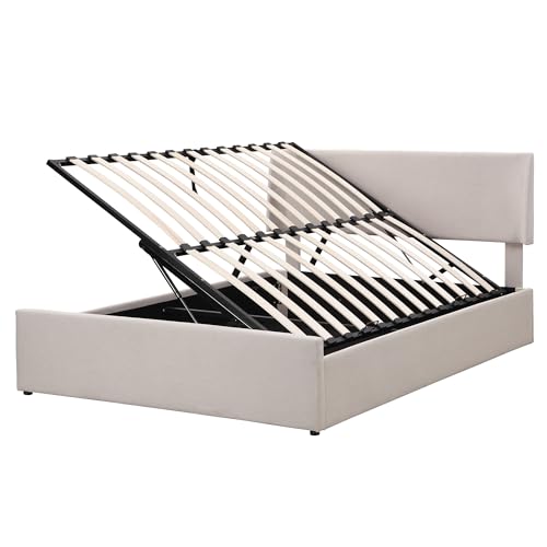 Lifeand Queen Size Sleigh Bed with Side-Tilt Hydraulic Storage System, Linen Upholstery, Beige