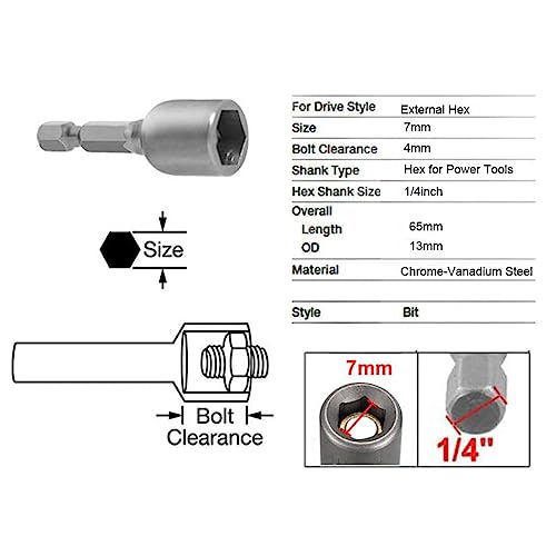 Image of RUIAN 7mm Hex Power Socket 1 /4 Inch Hex Shank Nut Driver Bit Set, 65mm Long Chrome Vanadium Steel Drill Bit Socket Adapter for Electrician Tools, 6-Pack