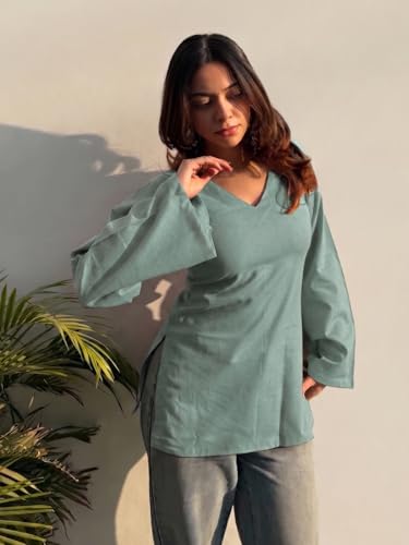 Image of ANNI Designer Short Kurti for Women Solid Design | V Neck Full Sleeve Kurti Tops for Women | Stylish Kurtis & Short Kurtis for Woman | Casual Kurti with Jeans | Kurtas for Woman