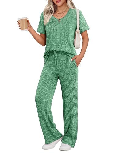 Image of Ekouaer Womens Ribbed Knit Lounge Set Short Sleeve Top and Long Pants Sleepwear Pajama Set Two Piece Matching Outfits Set