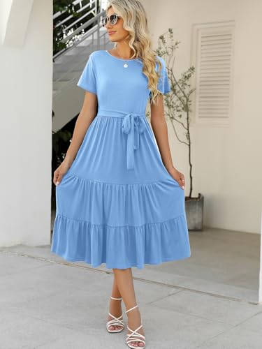 Image of Lyrur Women's Dresses Casual Summer Tiered Midi Dress Short Sleeve Belted Ruffle Babydoll Boho Sundress with Pockets
