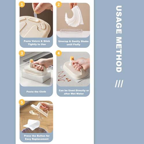 Image of Chchmu Disposable Cloth Cleaning Brush with 50 Pcs Replacement Cloths, ABS & Nylon Handle, Soft Bristles, White, For Kitchen, Bathroom, Window & Computer