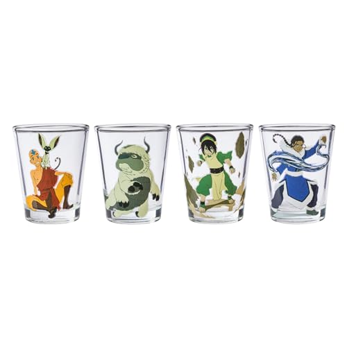 Silver Buffalo Avatar the Last Airbender Featuring Aang, Katara, Toph, Appa, and Momo 4 Pack Mini Glasses, 1.5 Ounces