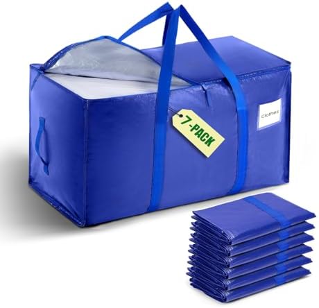 7-Pack Moving Bags with Carrying Handles and Zipper - Heavy Duty Space Saving Bags with Tag Pocket,Extra Large Storage Bags, Waterproof Totes for Clothes College move-in,Blue