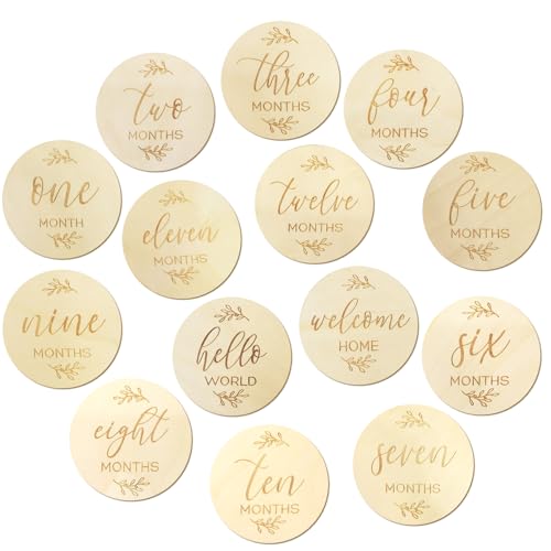 AHRLIC 7Pcs Baby Milestone Cards Wooden Double Sided Monthly Milestone Discs 10cm Round Baby Age Signs Hello & Welcome Newborn Announcement Plaques Gift for Infant Photo Props & Nursery Decor