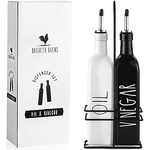 Brighter Barns Farmhouse Oil and Vinegar Dispenser Set Black & White Olive Oil Dispenser Bottle with Caddy Holder & Stainless Steel Spout - Cute Modern Vintage Glass Cruet for Kitchen -500ml 17oz Cover