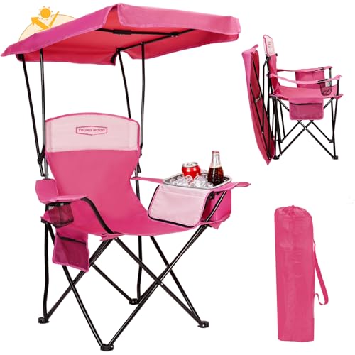 YoungWood Camping Chair with Canopy Beach Chair with Shade Portable Lightweight Oversized for All Easy to Open and Close Without Installation Side Pocket cooling bag Design for All Activities Pink