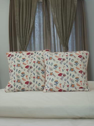Image of Rang Hand Block Printed Cushion Cover Set | Cushions Cover for Home & Office | 100% Cotton Fabric | Quilted | Size - 16 x 16 Inches | Pack of 2 Cushion Covers | Color - White