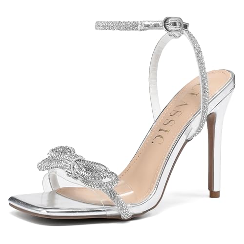 Hsttgsr Silver Heels for Women with Double Bowknots, 3.15 in Square Open Toe High Heels with Ankle Strappy, Crystal Clear Wedding Shoes for Party