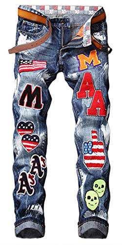 Kengue Men's Casual Slim Fit Printed Badge Embroidered Jeans with Patches