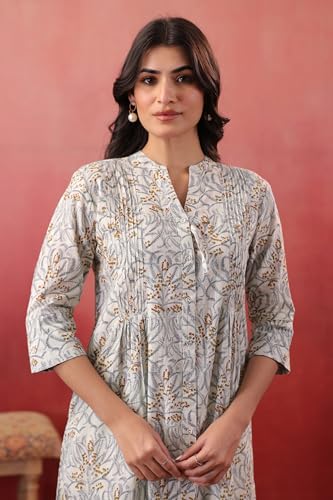 Image of SAVI Women's Cotton Floral Printed Kurti | Straight Fit Ethnic Wear | Casual Kurta | Office Wear Kurti | 3 /4 Sleeves
