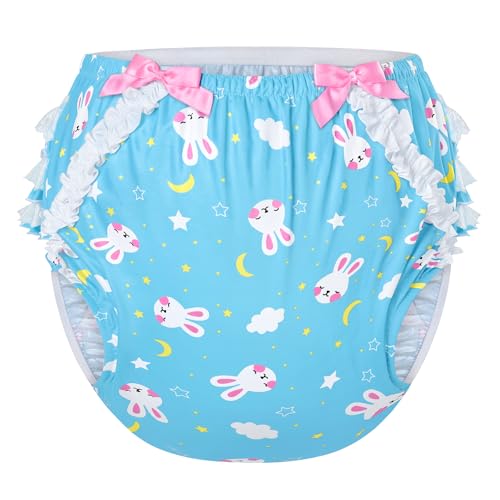 Image of Littleforbig Silky Washable Reusable Waterproof Ruffled Lace Bow Snuggle Bunny Pattern Ruffle Adult Diaper Cover XXL Blue
