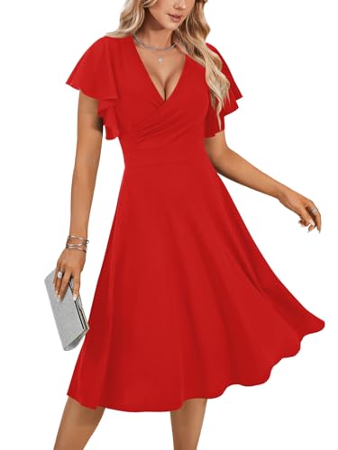 Image of LYANER Women's Warp V Neck Ruffle Short Sleeve A Line Swing Flared Cocktail Party Midi Dress