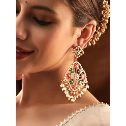 Image of Rubans Chandbali Earrings Kundan Pearl Beads Traditional Wedding Jewellery for Women & Girls