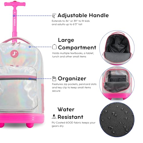 Image of J World Sunrise Kids Rolling Backpack with Wheels for Girls Boys, Roller Bookbag for School, 18 x 13 x 9 Inches, Metallic Silver