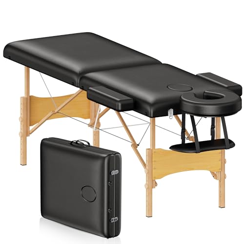 Brelley Massage Table Portable Wooden Lash Bed 24' Wide Adjustable Height 2-Fold Spa Table Foldable Tattoo Bed (Black)