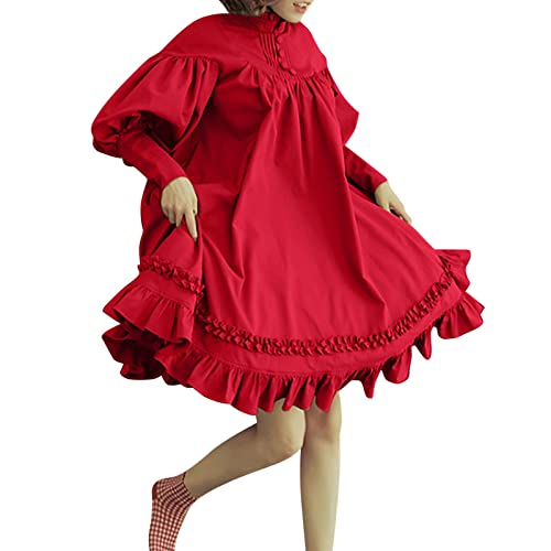 Genérico Vestido De Novia Gotico Vintage Vestido de Manga Larga con Temperamento de Color para Mujer con Vestido de Falda Packitcute Vestido De Manga Larga Chicas Adolescentes Vestido Gótico (Red, S)