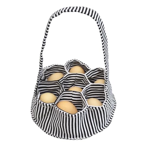 Decorhome Cesta de recogida de huevos, cesta de recogida de huevos de lona gruesa con mango ancho, 7 bolsas a rayas rústicas para recoger huevos frescos, búsqueda de huevos de Pascua, bolsas de huevos
