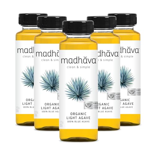 MADHAVA Organic Light Agave | 100% Pure Organic Blue Agave Nectar | Natural Sweetener, Sugar Alternative | Vegan | Organic | Non GMO | Liquid Sweetener , 11.75 oz. Bottle (Pack of 6)