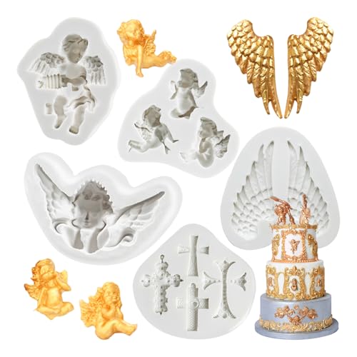 5Pcs Angel Fondant Molds,Cross Chocolate Mold Silicone,Wings Fondant Silicone Molds For Cake Decorating Cake Topper Chocolate Gum Paste Candy Polymer Clay