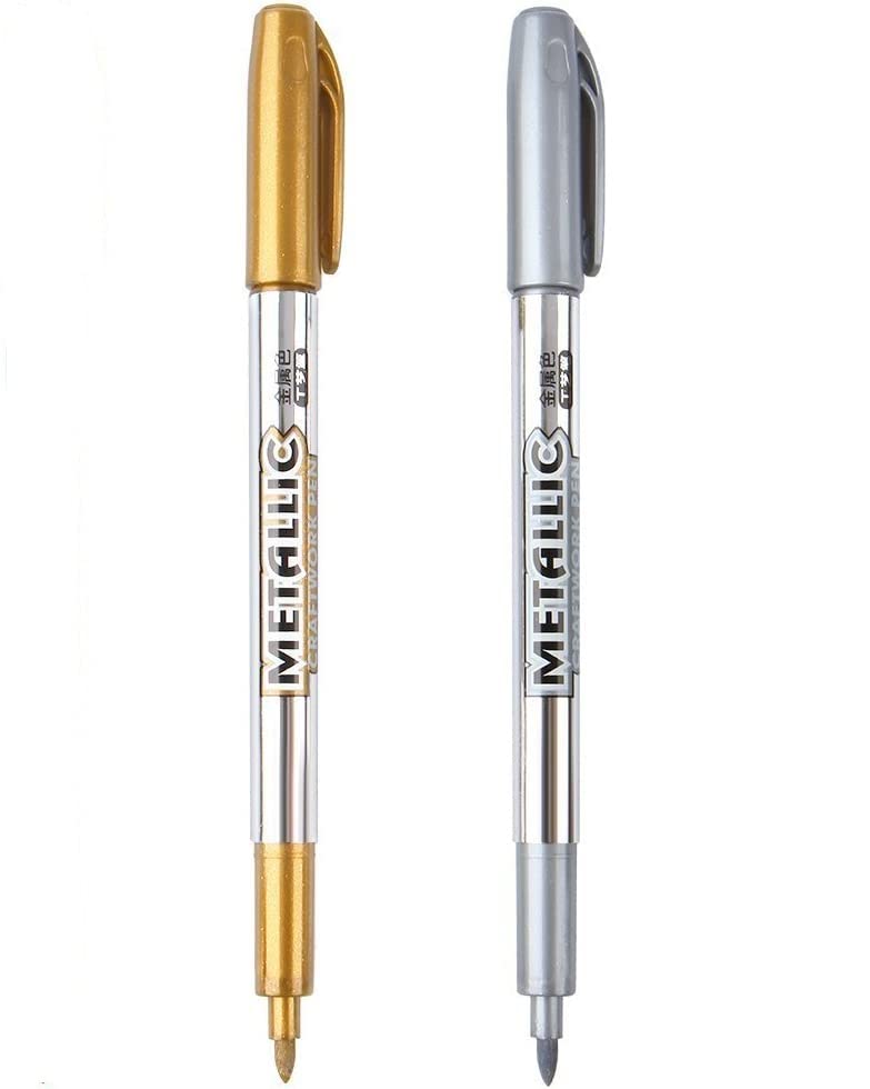 Levin THE NEXT LEVEL IN OFFICE STATIONERY Premium Metallic Medium Point Markers Pens-Silver&Gold Paint Pens For Black Paper,Glass,Rock Painting,Halloween Pumpkin,Card Making,Scrapbook Album(Pack Of 2)