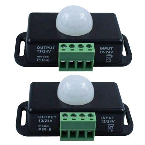 Honseadek Interruptor de sensor de movimiento para controlador de tira LED PIR, sensor infrarrojo de 12 V/24 V CC con rango de 5 m y campo de visión de 60°, retardo ajustable, negro