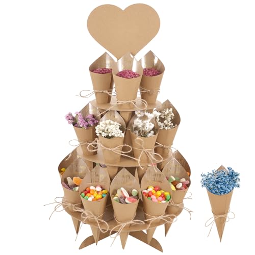 JANUIXCO Cones de arroz para casamento, 24 peças de papel Kraft com suporte, autocolantes e corda de juta - cones de confetes casamento para pétalas, chocolate, doces, decoração de festa (castanho)