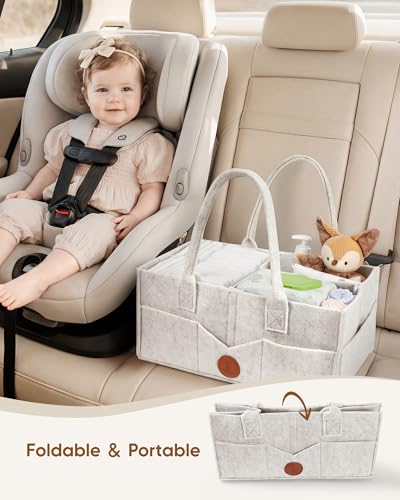 Image of Maliton Felt Diaper Caddy Organizer for Changing Table - Large, White | 15x9x7 inch Portable Nursery Storage Bin and Car Organizer for Diapers, Wipes. Boy & Girl Shower Gift Basket, Baby Essentials