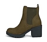 Soda ZINON ~ Women Lug Sole Mid Heel Chelsea Fashion Ankle Boot w/Double Elastic Gore (Mid Forest Imit Suede, 7.5)